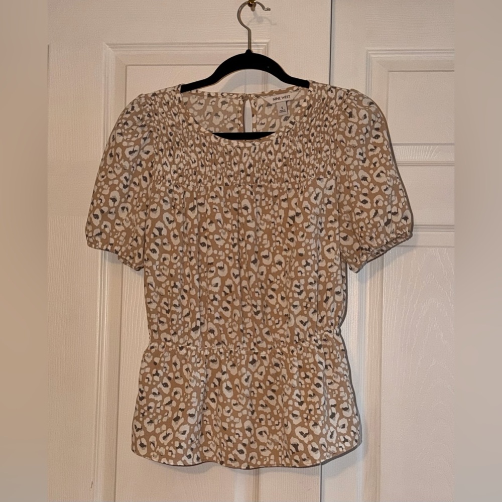 Nine West Short Sleeve Smocked Peplum Animal Print Blouse
